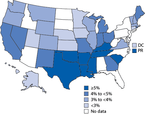 Alternate Text: This figure is a map of the United States showing the prevalence of serious psychological distress among adults aged ≥18 years, by state quartile, using data from the 2007 Behavioral Risk Factor Surveillance System. The prevalence of serious psychological distress was generally highest in the southeastern states. Serious psychological distress was defined as a Kessler-6 score of ≥13. Quartiles are based on point estimates (see Table 9). For Tennessee and Utah, data are from 2009.