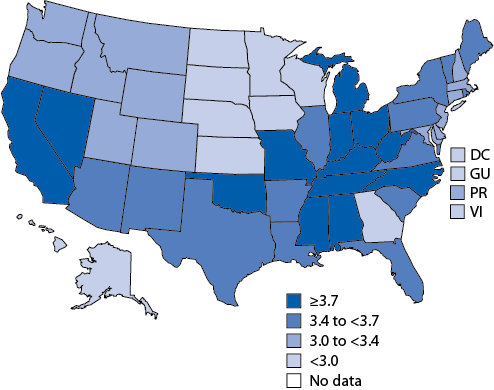 This figure is a map of the United States showing the mean number of mentally unhealthy days during past 30 days among adults aged ≥18 years, by state quartile, using data from the 2009 Behavioral Risk Factor Surveillance System. The mean number of mentally unhealthy days was highest in the southeastern states The survey question was: "Now thinking about your mental health, which includes stress, depression, and problems with emotions, for how many days during the last 30 days was your mental health not good?"