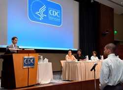 	CDC Director Tom Frieden, MD, MPH, welcoming students to CDC and to public health.  Also pictured (left to right): Sam Gerber, CUPS Project Officer, Dr. Leandris Liburd, OMHHE Director, Dr. Kathleen Ethier, OADPG Acting Associate Director. Photo Credit: James Gathany, CDC.