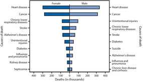 small graph showing number of Number of Deaths from 10 Leading Causes,* by Sex - National Vital Statistics System, United States, 2015