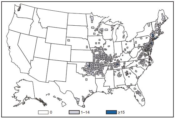 The figure shows the number of reported cases of ehrlichiosis, by county, in the United States in 2008. Cases are reported primarily in the lower Midwest, Southeast, and East Coast because of the primary tick vector species Amblyomma americanum.