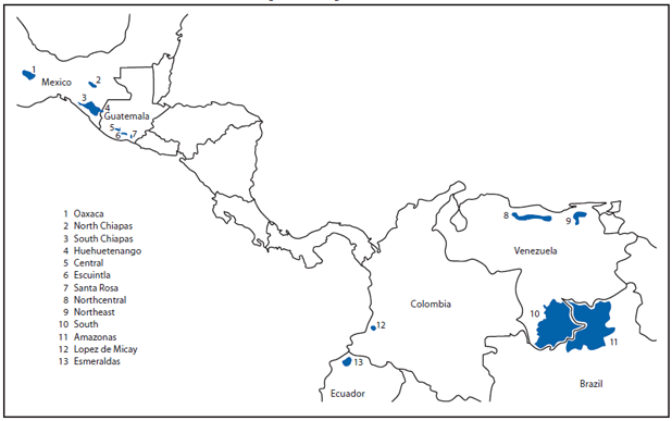 The figure shows 13 onchocerciasis foci in the World Health Organization Region of the Americas during 2005. The primary strategy for eliminating onchocerciasis from the Americas has been ivermectin mass drug administration every 6 months, with health education and community mobilization, in all affected communities of the 13 endemic foci in the six affected countries.