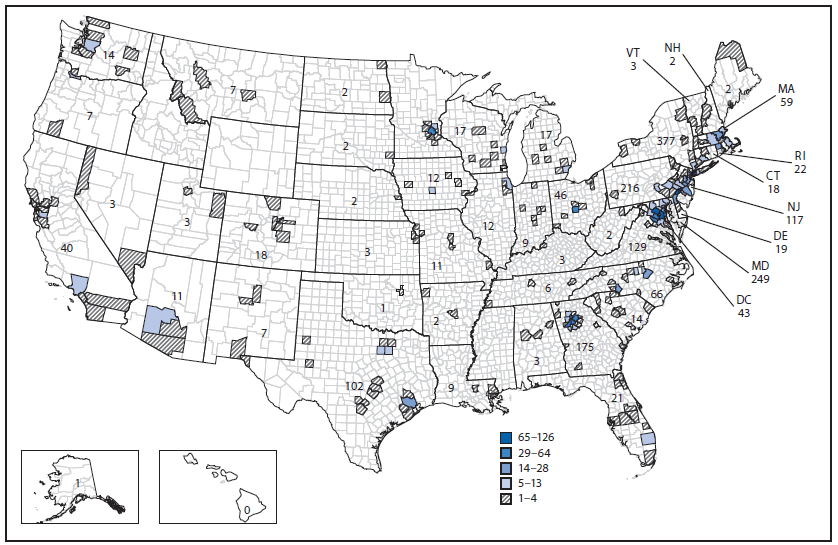 The above figure is a U.S. map showing the number of travelers from Guinea, Liberia, and Sierra Leone who were screened for Ebola at U.S. airports, by state and county of destination. Among the travelers, the most common destinations were New York (19%), Maryland (12%), Pennsylvania (11%), Georgia (9%), and Virginia (7%).