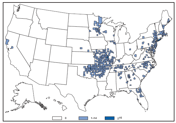 Ehrlichiosis, Human Monocytic. Number of reported cases, by county --- United States, 2007