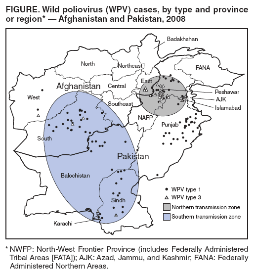 FIGURE. Wild poliovirus (WPV) cases, by type and province or region* — Afghanistan and Pakistan, 2008