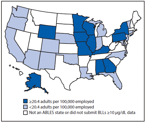 The figure shows a map of the United States indicating the prevalence rate per 100,000 employed persons aged â¥16 years of elevated blood lead levels â¥10 Î¼g/dL for 2013 in the 28 states that participated in the State Adult Blood Lead Epidemiology and Surveillance programs. Results varied by state. The national rate in 2012 was 22.5 cases per 100,000 employed adults aged â¥16 years.