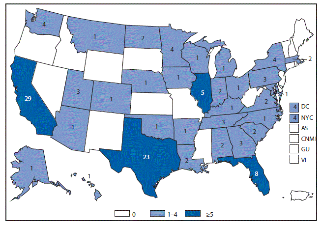 This figure is a map of the United States and U.S. territories that presents the number of brucellosis cases in each state and territory in 2014.