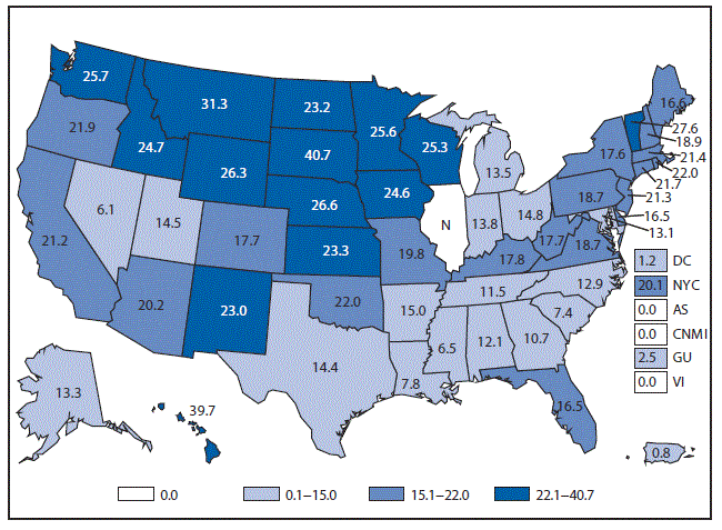 This figure is a map of the United States and U.S. territories that presents the number of campylobacteriosis cases in each state and territory in 2015.