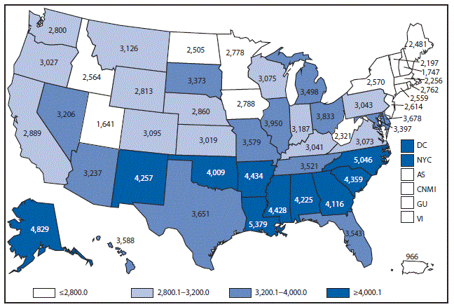 This figure is a map of the United States and U.S. territories that presents the incidence per 100,000 population of chlamydia among women aged 15–24 years in 2015.