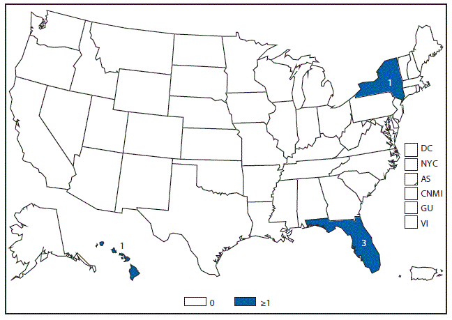 This figure is a map of the United States and U.S. territories that presents the number of cholera cases in each state and territory in 2015.