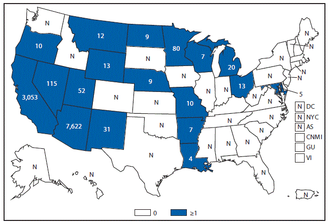 This figure is a map of the United States and U.S. territories that presents the number of reported cases in each state and territory in 2015.