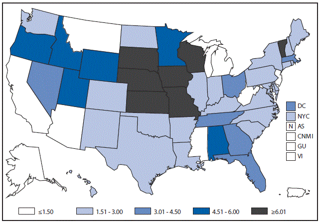 This figure is a map of the United States and U.S. territories that presents the incidence range per 100,000 population of cryptosporidiosis cases in each state and territory in 2015.