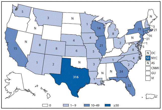 This figure is a map that provides the number of reported cases of cyclosporiasis in the United States and in U.S. territories in 2015.