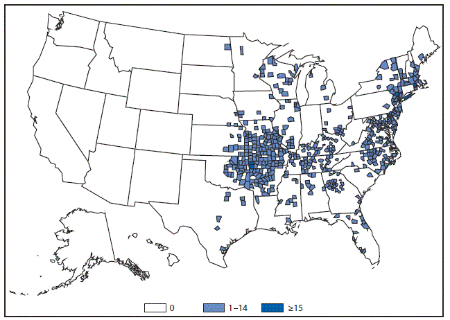 This figure is a map of the United States that presents the number of Ehrlichiosis (Ehrlichia chaffeensis) cases by county in 2015.