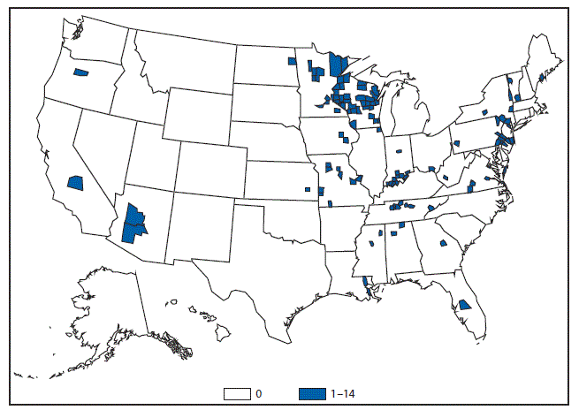 This figure is a map of the United States that presents the number of Ehrlichiosis (undetermined) cases by county in 2015.