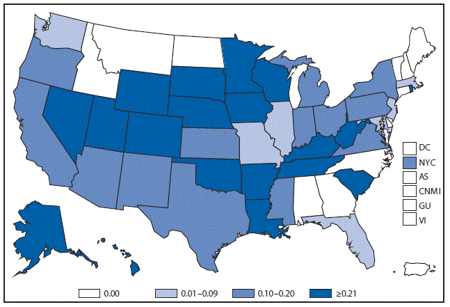 This figure is a map of the United States and U.S. territories that presents the incidence range per 100,000 population of influenza-associated pediatric deaths in each state and territory in 2015.