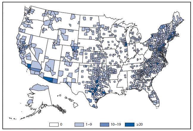 This figure is a map of the United States that presents the number of rabies cases, by county, among wild and domestic animals in the United States in 2015.