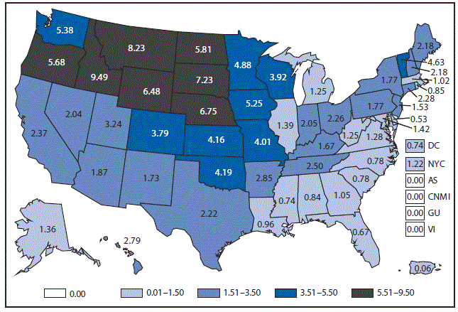 This figure is a map of the United States and U.S. territories that presents the incidence of Shiga-toxin producing Escherichia coli cases in each state and territory in 2015.