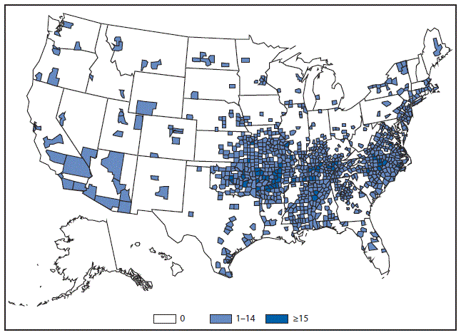 This figure is a map that presents the number of spotted fever rickettsiosis cases by county in the United States in 2015.