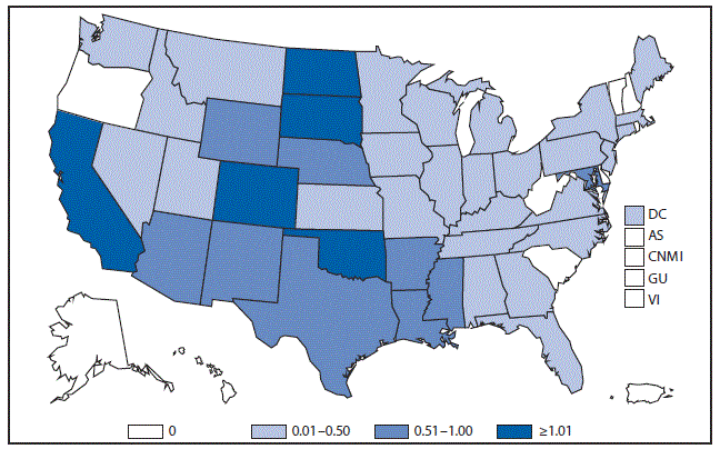 This figure is a map of the United States that presents the incidence of reported cases per 100,000 population of West Nile virus neuroinvasive disease in each state in 2015.