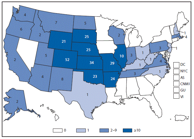 This figure is a map of the United States and U.S. territories that presents the number of tularemia cases in each state and territory in 2015.