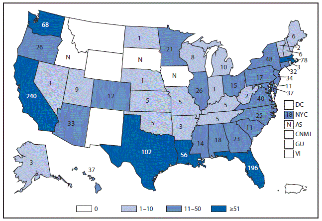 This figure is a map of the United States and U.S. territories that presents the number of cases of vibriosis in each state and territory in 2015.