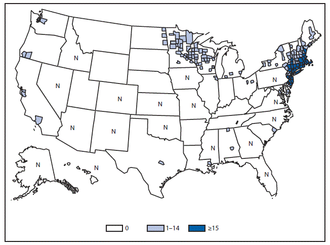 This figure is a map of the United States that presents the number of reported cases in each county in 2015.