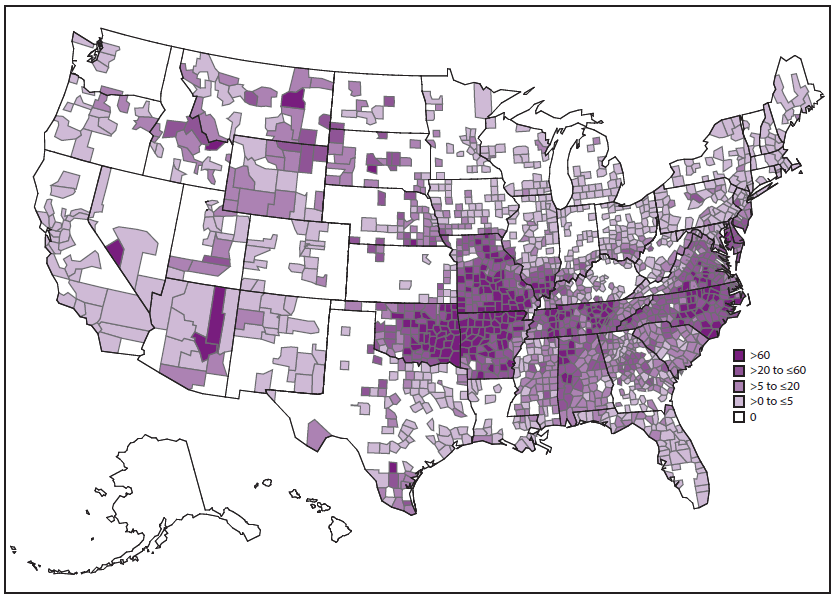 This figure is a map showing the reported incidence rate of spotted fever rickettsiosis, by county, in the United States during 2000–2013 as reported through national surveillance, per 1,000,000 persons per year. Cases are reported by county of residence, which is not always where the infection was acquired. Includes Rocky Mountain spotted fever (RMSF) and other spotted fever group rickettsioses. In 2010, the name of the reporting category changed from RMSF to spotted fever rickettsiosis.