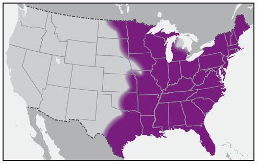 This figure is a map showing the approximate U.S. distribution of Ixodes scapularis (blacklegged tick).