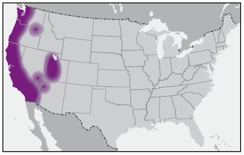 This figure is a map showing the approximate U.S. distribution of Ixodes pacificus (western blacklegged tick).