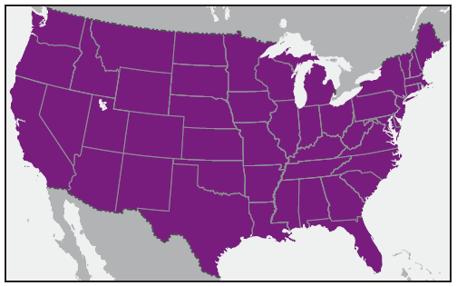 This figure is a map showing the approximate U.S. distribution of Rhipicephalus sanguineus (brown dog tick).