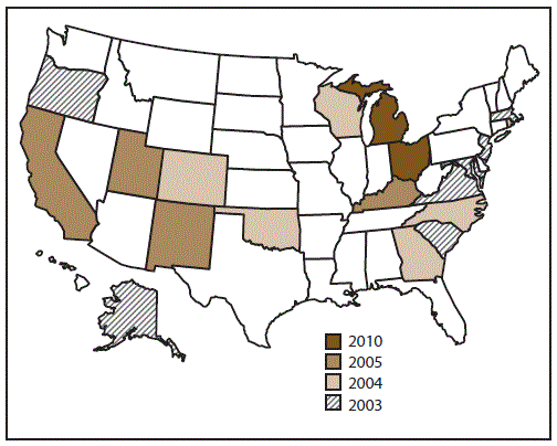 Outline map of the United States shows states participating in the National Violent Death Reporting system by year of initial data collection for the years 2003–2013. In 2003, Alaska, Maryland, Massachusetts, New Jersey, Oregon, South Carolina, and Virginia began data collection. In 2004, Colorado, Georgia, North Carolina, Oklahoma, Rhode Island, and Wisconsin began data collection. In 2005, California, Kentucky, New Mexico, and Utah began data collection. In 2010, Ohio and Michigan began data collection. California concluded participation in 2009 and Michigan did not collect data statewide during 2013.
