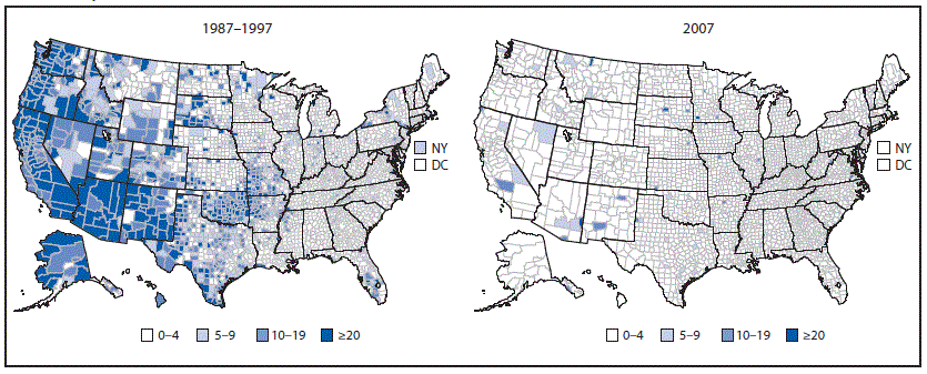 The figure shows two maps of the United States divided into counties. The left-hand map shows the rate per 100,000 population of reported acute hepatitis A cases during 1987â1997 (in the pre-vaccine era) and the right-hand map shows the average annual incidence of reported acute hepatitis A cases for 2007. Both maps use data from the National Notifiable Diseases Surveillance System.