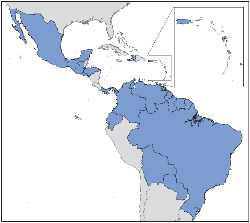 La figura arriba es un mapa que muestra los países y territorios con casos de transmisión locales de la infección por el virus del Zika informados a la Organización Panamericana de la Salud en la Región de la Américas durante 2015-2016.