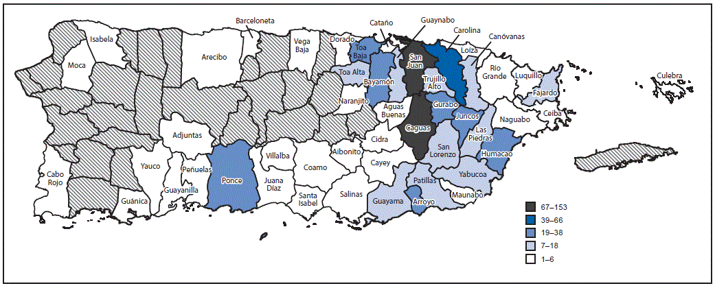 La figura de arriba es un mapa de Puerto Rico que muestra la distribución geográfica de la residencia de las personas con la enfermedad por el virus del Zika (n = 679), por municipalidad, entre el 1 de noviembre de 2015 y el 14 de abril de 2016