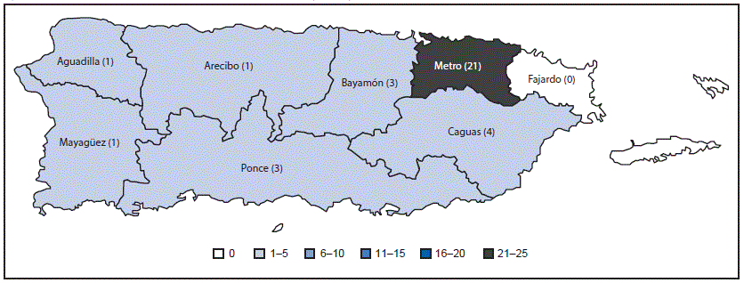 La figura arriba es un mapa de Puerto Rico que muestra los casos confirmados y presuntos del Síndrome de Guillain-Barré en personas con evidencia de infección por el virus del Zika o por flavivirus, por región de residencia de salud pública, durante el 1 de enero al 31 de julio del 2016.