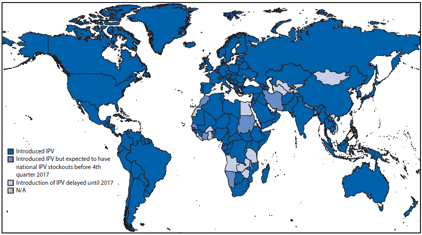 The figure above is a map of the world showing the status of introduction of inactivated poliovirus vaccine, by country, as of August 31, 2016.
