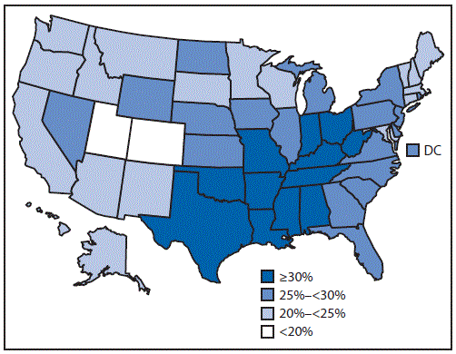 The figure above is a map of the United States showing the prevalence of self-reported physical inactivity among adults aged â¥50 years during 2014.