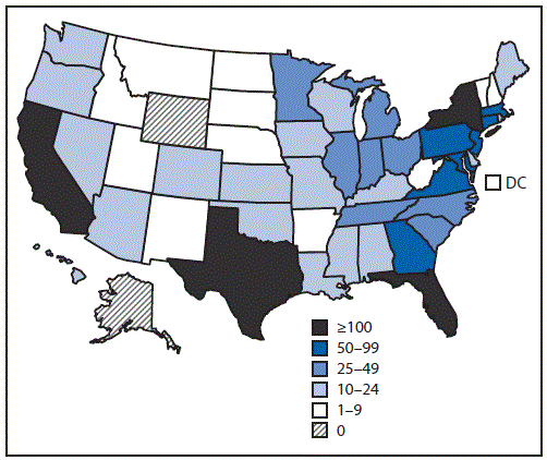 The figure above is a map of the United States showing the number of confirmed and probable Zika virus disease cases reported from states and the District of Columbia during January 1âJuly 31, 2016.