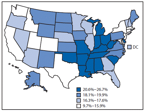 The figure above is a map of the United States showing state-specific prevalence of cigarette smoking among adults aged â¥18 years during 2014.