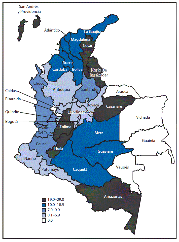 The above figure is a map of Colombia showing the number of cases of congenital microcephaly per 10,000 live births by reporting area during January 31âNovember 12 in 2016.