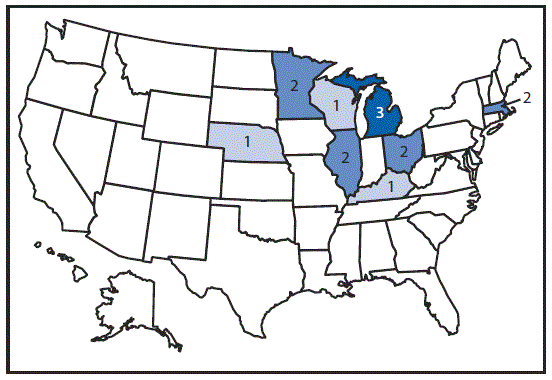 The figure above is a map of the United States showing the number of persons (n = 14) infected with the outbreak strain of Salmonella Oslo, during March 2âApril 9, 2016.