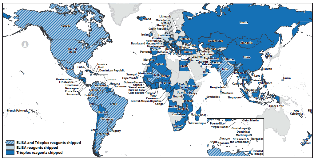 La imagen de arriba es un mapa mundial que muestra la distribución de reactivos para pruebas de diagnóstico del zika de los CDC para usar en una autorización de uso de emergencia a partir del 6 de diciembre del 2016.