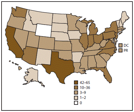 Map indicates the location and number of assisted reproductive technology clinics in the United States and Puerto Rico in 2014. In 2014, a total of 458 clinics submitted data to CDC.
