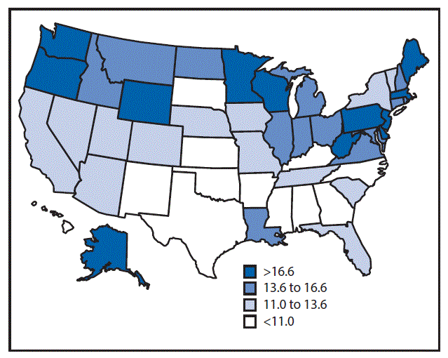The figure above is a map of the United States showing malignant mesothelioma annualized age-adjusted death rate per 1 million population aged â¥25 years, by state, during 1999â2015.