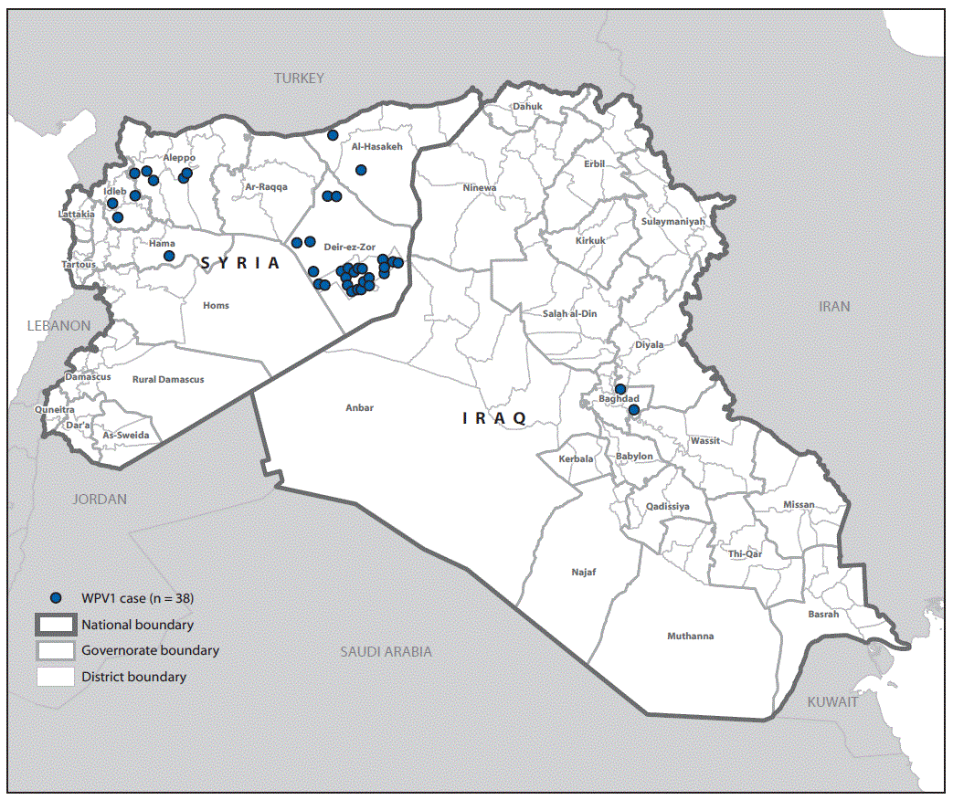 The figure above is a map showing cases of wild poliovirus type 1 in Syria and Iraq during 2013â2014.