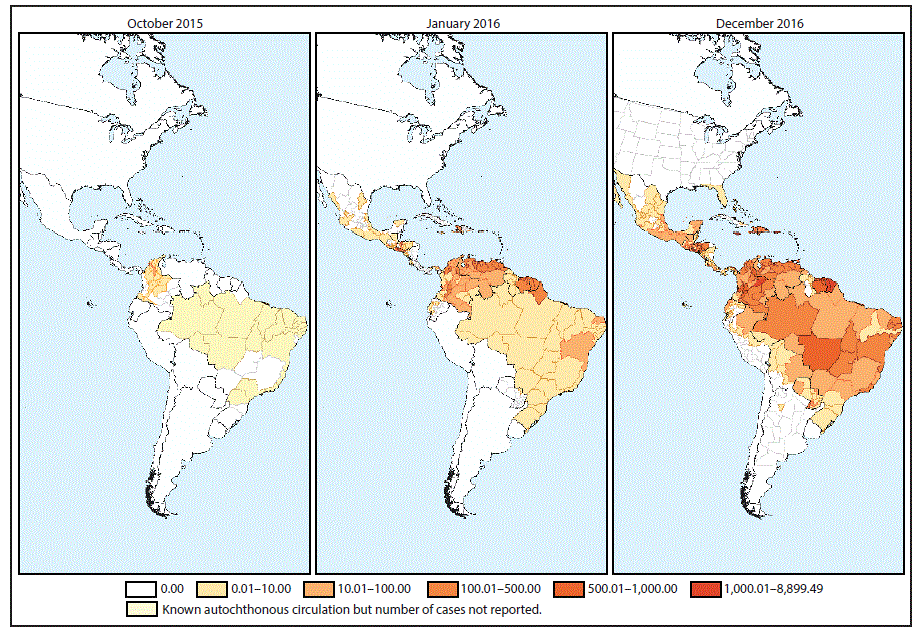La figura de arriba consta de tres mapas que muestran el índice de casos presuntos y confirmados de la enfermedad por el virus del Zika por cada 100 000 habitantes en la región de las Américas en octubre del 2015, enero del 2016 y diciembre del 2016.