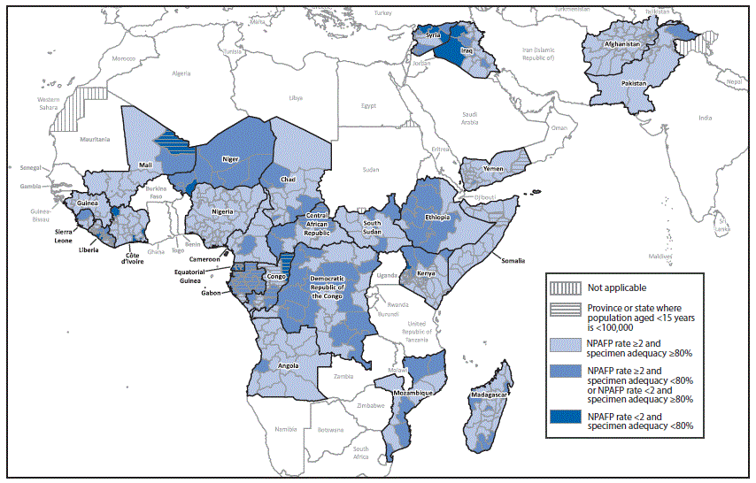 The figure above is a map illustrating locations of the combined performance indicators for the quality of acute flaccid paralysis surveillance in subnational areas (states and provinces) of 26 countries in the World Health Organization African and Eastern Mediterranean Regions that had poliovirus transmission during 2011â2016 or were affected by the Ebola outbreak in West Africa during 2014â2015 in 2016.