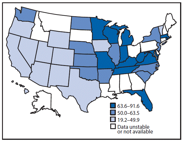 The figure above is a map showing the age-adjusted hospitalization rate (per 100,000 population) for any-listed diagnosis of Crohnâs disease in the United States in 2013.