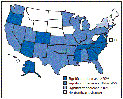 The figure above is a map of the United States showing the percentage change in repeat teen births, by state, during 2004â2015.